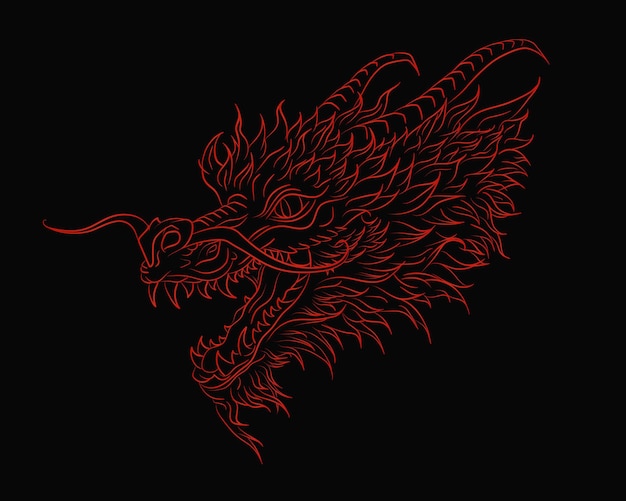 Red silhouette of outline dragon head on black background gothic poster with asian mythology reptile