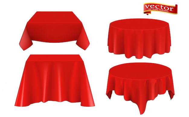 Vettore set realistico tavolo coperto di panno di seta rosso.