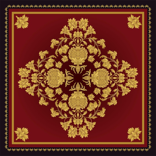 Vector red silk neck scarf with a golden flowers and frame vector design for a neckerchief