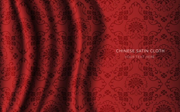 Red silk satin fabric cloth with pattern, cross flower vine