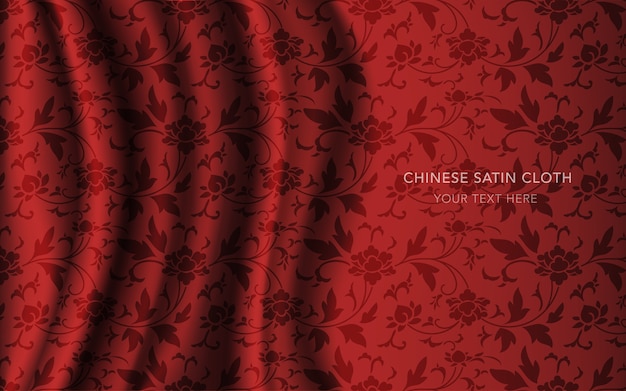 Red Silk Satin Fabric Cloth with pattern, garden flower vine