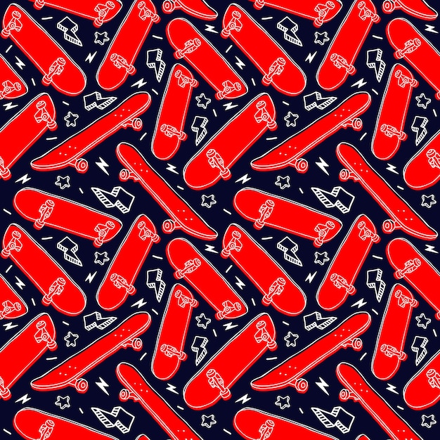 Vector red skateboard seamless pattern in black background