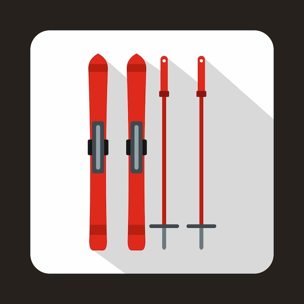 Red skis and ski poles icon in flat style on a white background