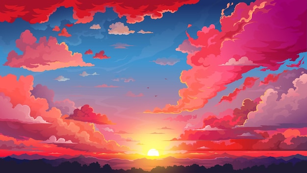 Vector red sky sunset anime background with fluffy clouds