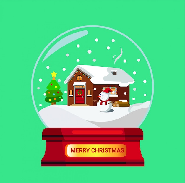 Красный снежный шар подарок или сувенир. дом, покрытый снегом иллюстрация