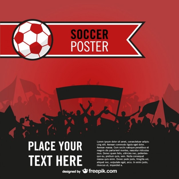 Vector red soccer poster with people silhouettes