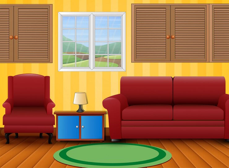 वेक्टर red sofa set and side table in a room