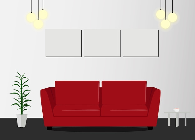 red sofa with lamp and picture frames in living