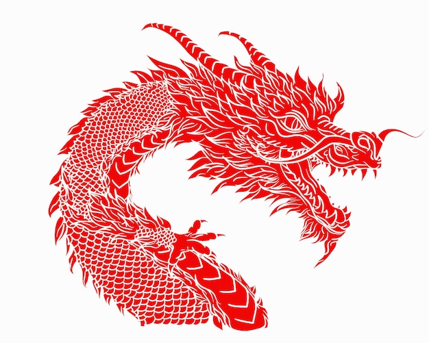 Красный традиционный азиатский дракон, нарисованный вручную, изолированный на белом фоне.