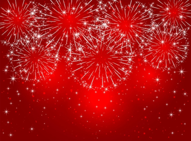 Vector red sparkling fireworks on shiny background illustration