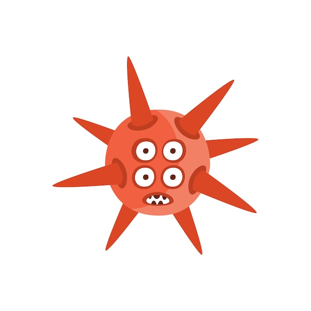 Red spiky aggressive malignant bacteria monster with sharp teeth and four eyes cartoon vector illustration