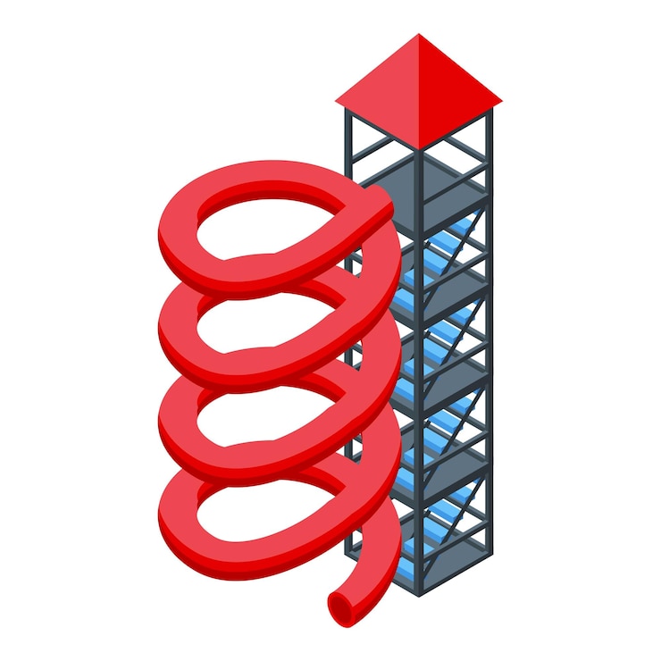 Vector red spiral water slide towering over white background