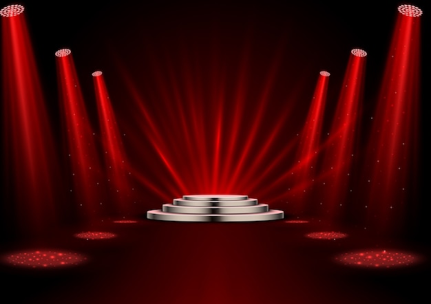 Vector red spotlights with white podium on dark background