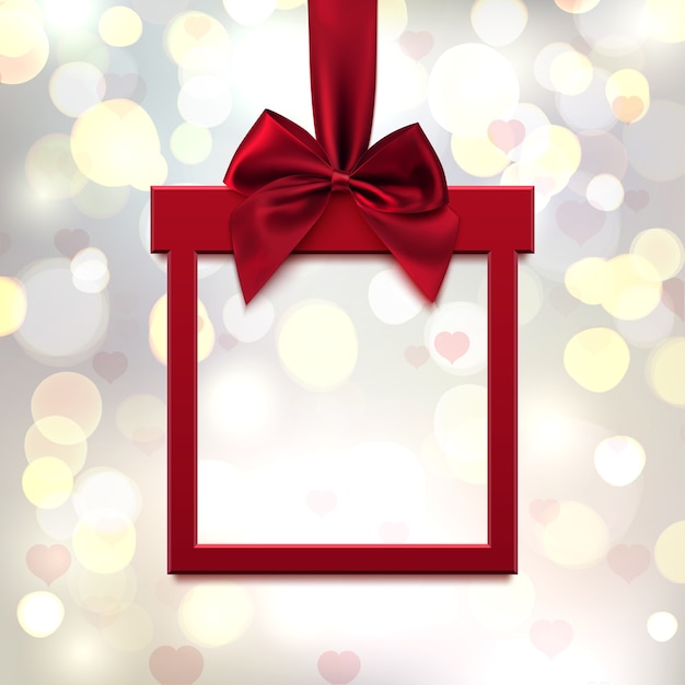 Red, square banner in form of gift with red ribbon and bow, on lite blurred background with hearts and bokeh. valentines day greeting card, brochure or banner template.  illustration.