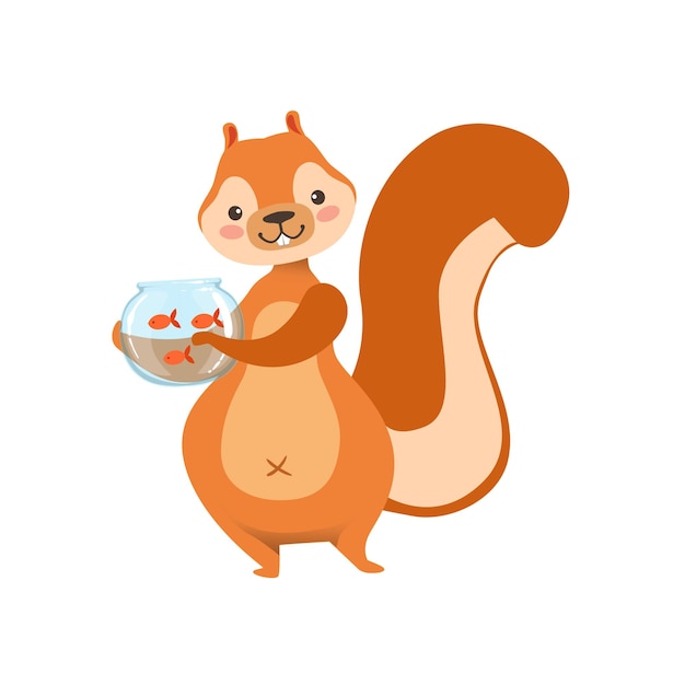 Vector red squirrel holding aquarium with pet gold fish humanized cartoon cute forest animal character childish illustration