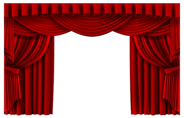 Red stage curtain. realistic theater scene backdrop, cinema premiere portiere drapes, ruddy ceremony curtains  template illustration. red curtain to show premiere, stage realistic entrance