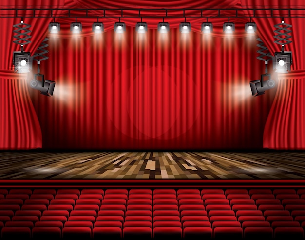 Vector red stage curtain with spotlights, seats and copy space. vector illustration. theater, opera or cinema scene. light on a floor.