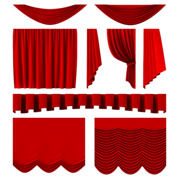 Красные сценические шторы. реалистичные театральные декорации, драматические красные роскошные шторы. алые шелковые бархатные шторы иллюстрации набор. кино, кинотеатр интерьерный декор