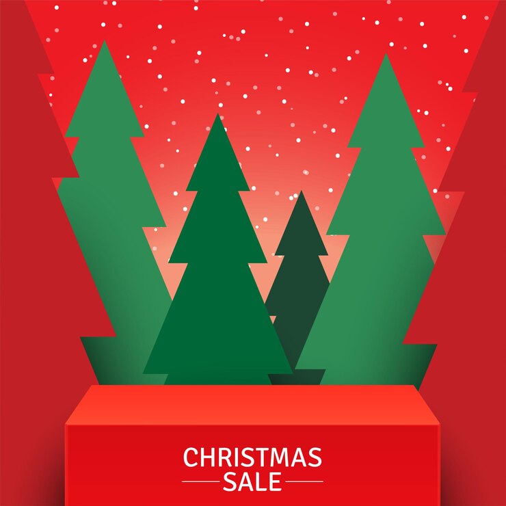 Vector red stage standing on green forest background promotional vector christmas background