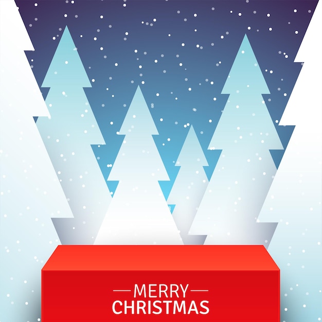 Red stage standing on snowy forest background promotional vector christmas background