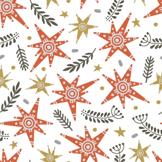 Red stars and rustic branches seamless pattern