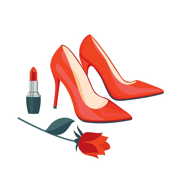 Red stiletto heels rose and red lipstick set Vector isolated white background