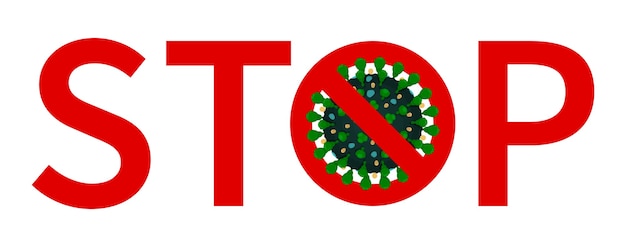 Red stop coronavirus label with green covid 19 crossed