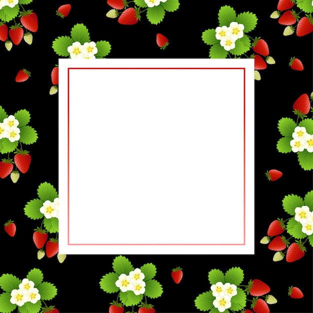 Vector red strawberry and flower background with square frame