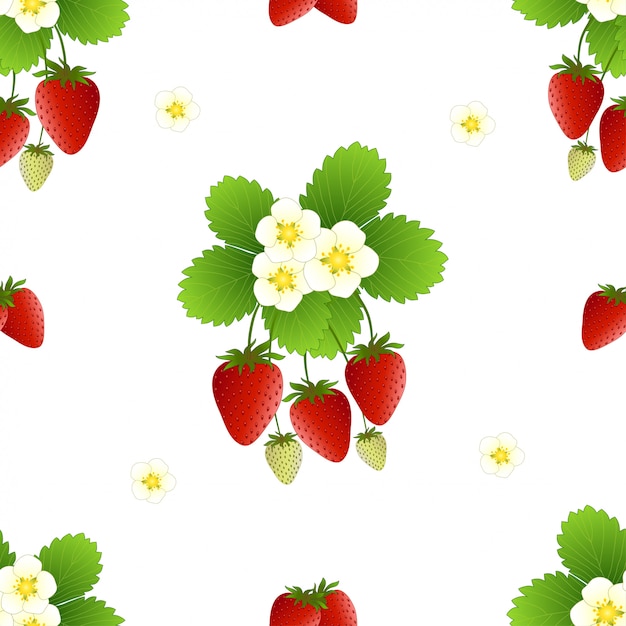 Vector red strawberry and flower seamless pattern