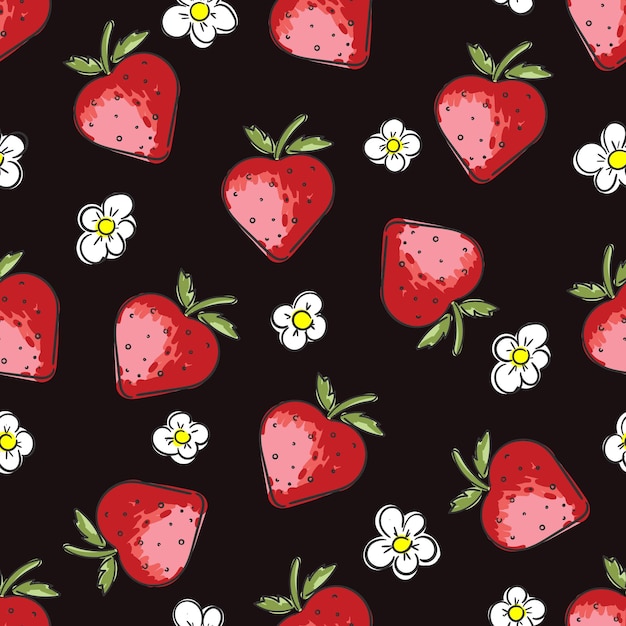 Vector red strawberry pattern strawberries on a black background seamless berry pattern