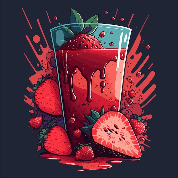 Red Strawberry smoothies Juice in glass with strawberries slice Vector Illustration