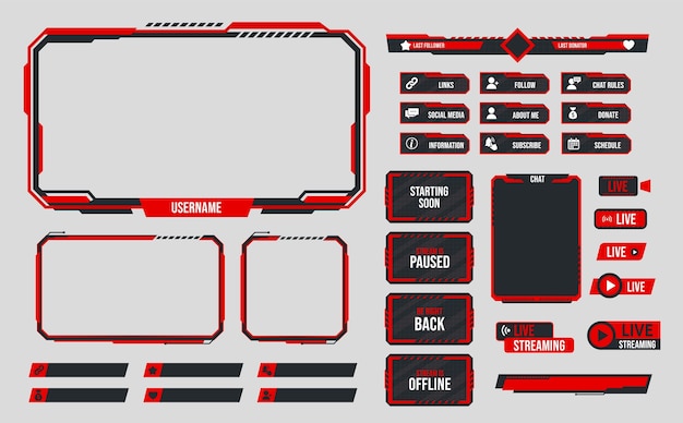 Red stream overlay theme webcam border game screen template and donation panel stream is offline paused and starting soon vector set