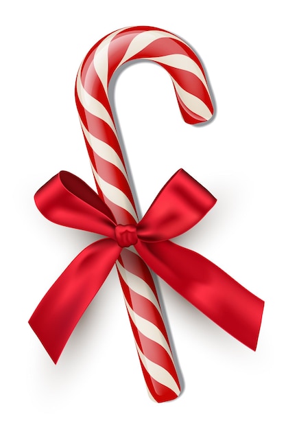 Vector red striped candy cane with bow isolated on white background christmas and new year design element