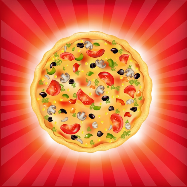 Red sunburst background with pizza,