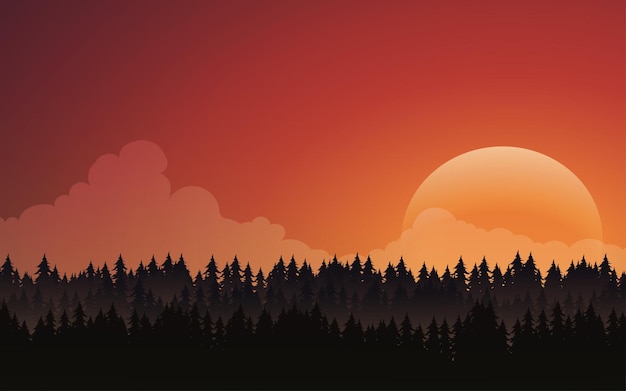 Red sunset sky background with forest