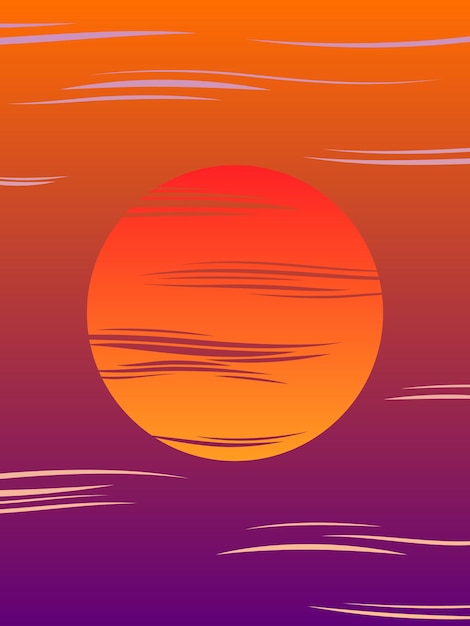 Red sunset vector illustration with sun and clouds trendy violet and orange colors gradient dawn