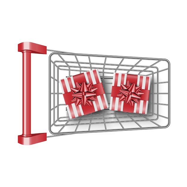 Vector red supermarket shopping cart with gift box on top view, vector illustration