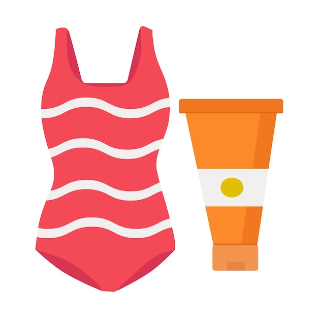 Red swimsuit and sunscreen on a white background