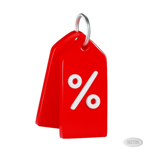 A red tag with percentages on a silver ring for trading vector 3d illustration on white background