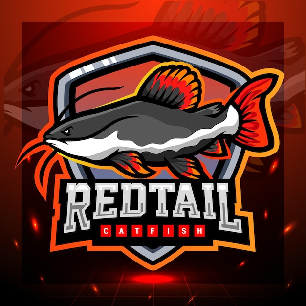 Disegno del logo esport della mascotte del pesce gatto dalla coda rossa