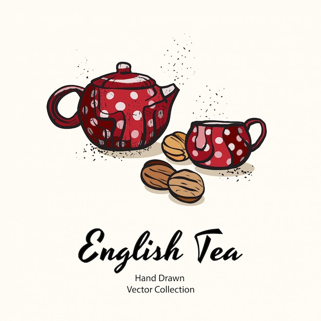 Red teapot and cup with white polka dots and biscuits nuts