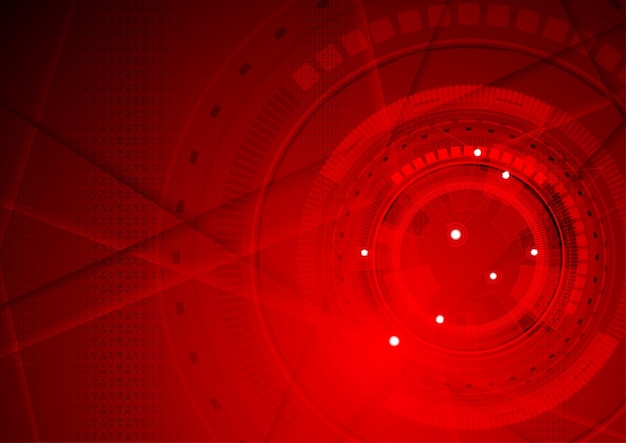 Red tech geometric background with HUD gear shape. Vector abstract graphic design