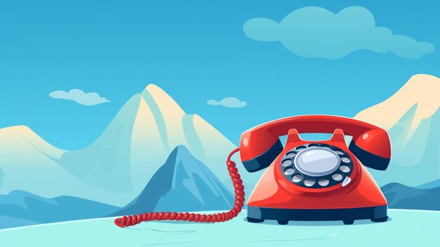 A red telephone with a mountain in the background