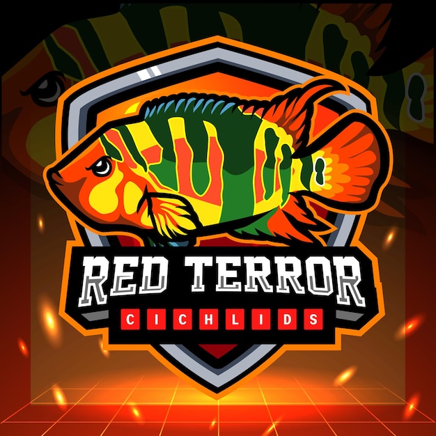 Red terror cichlids fish mascot esport logo design