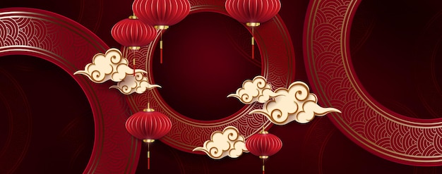 Red textural illustration round frames with air lanterns