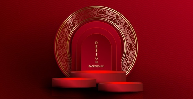 Red texture illustration with a round podium and a golden round frame with a pattern