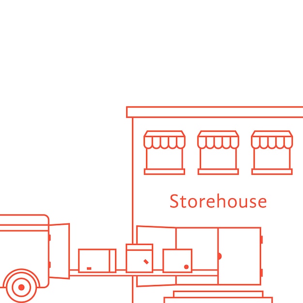 Красная тонкая линия складского здания. концепция грузовика, склад, депо, грузовик, транзит, импорт, экспорт, фургон, курьер. изолированные на белом фоне. линейный стиль тенденции современный дизайн векторные иллюстрации