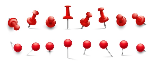 Vector red thumbtack. push pins in different angles for attachment.