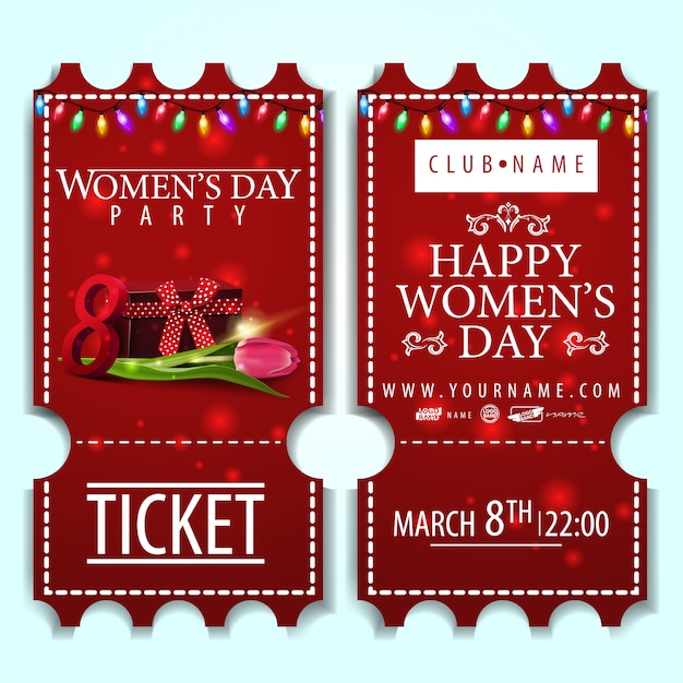 Vector red ticket to the women's day party with gift and tulip