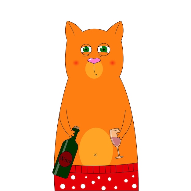 Gatto rosso stanco con un bicchiere e una bottiglia di vino in mano simpatico personaggio dei cartoni animati stampa per una maglietta illustrazione vettoriale isolato su sfondo bianco